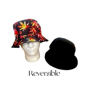 Marijuana leaf design reversible bucket hat. All black on the reverse side.